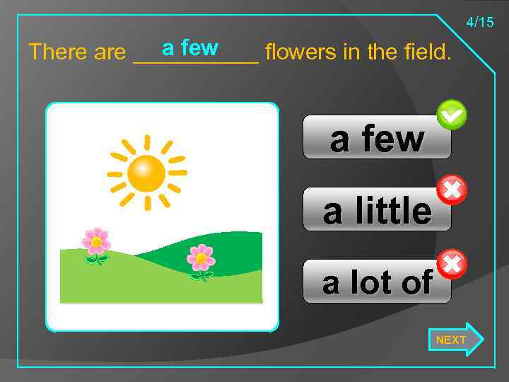 4/15 a few There are _____ flowers in the field. a few a little