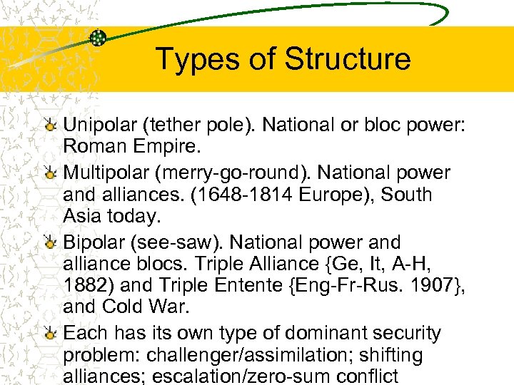 Types of Structure Unipolar (tether pole). National or bloc power: Roman Empire. Multipolar (merry-go-round).