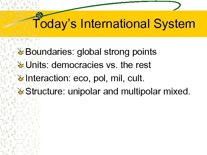 Today’s International System Boundaries: global strong points Units: democracies vs. the rest Interaction: eco,