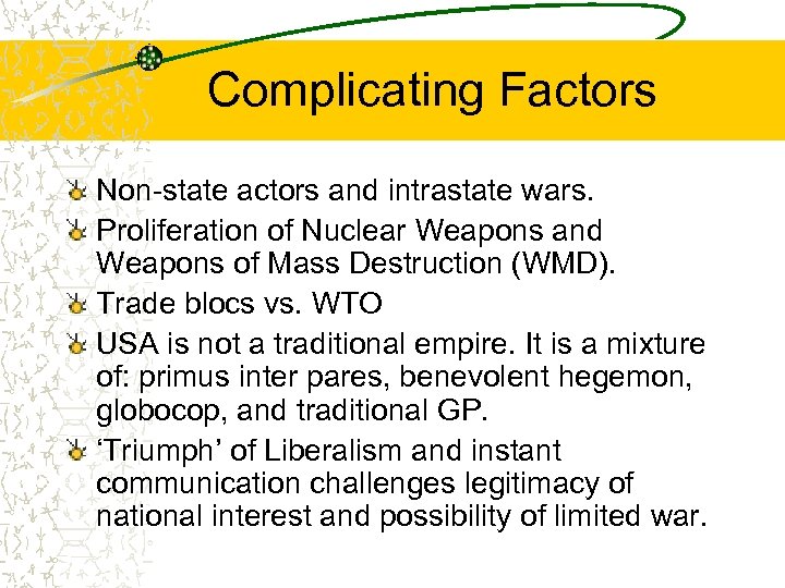 Complicating Factors Non-state actors and intrastate wars. Proliferation of Nuclear Weapons and Weapons of