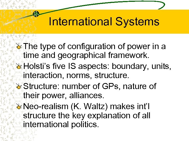 International Systems The type of configuration of power in a time and geographical framework.