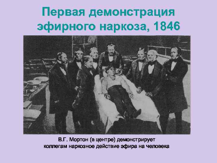 Первая демонстрация эфирного наркоза, 1846 В. Г. Мортон (в центре) демонстрирует коллегам наркозное действие