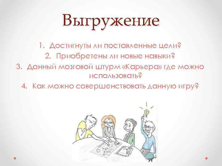 Выгружение 1. Достигнуты ли поставленные цели? 2. Приобретены ли новые навыки? 3. Данный мозговой