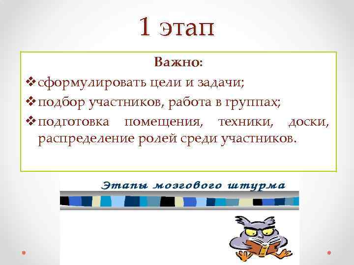 1 этап Важно: v сформулировать цели и задачи; v подбор участников, работа в группах;