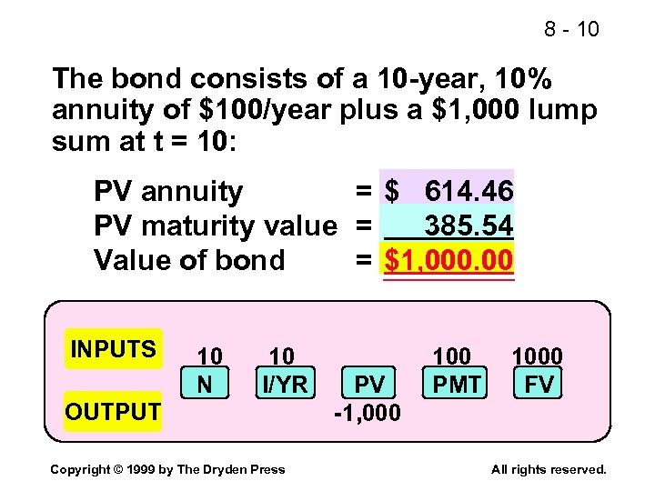 8 - 10 The bond consists of a 10 -year, 10% annuity of $100/year