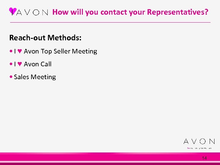 How will you contact your Representatives? Reach-out Methods: • I ♥ Avon Top Seller