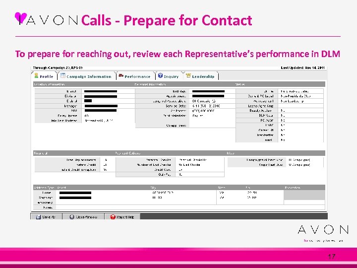 Calls - Prepare for Contact To prepare for reaching out, review each Representative’s performance