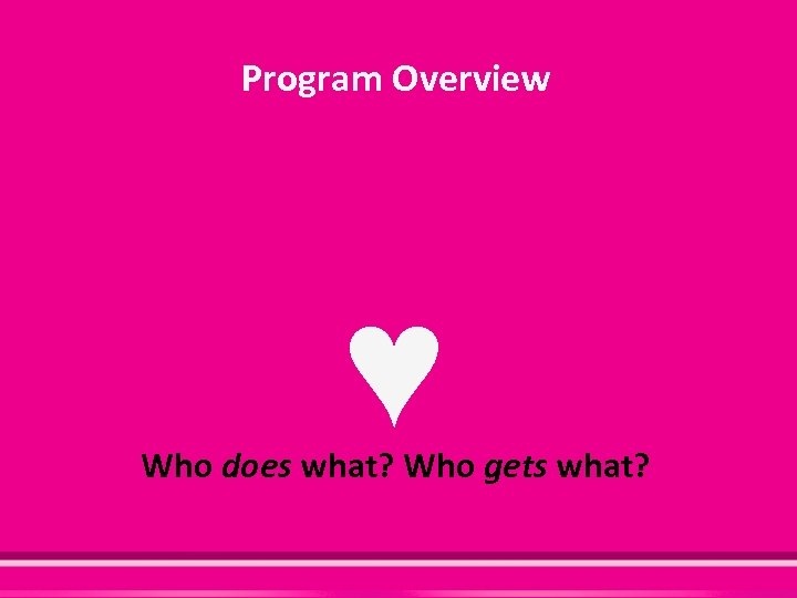 Program Overview ♥ Who does what? Who gets what? 2 