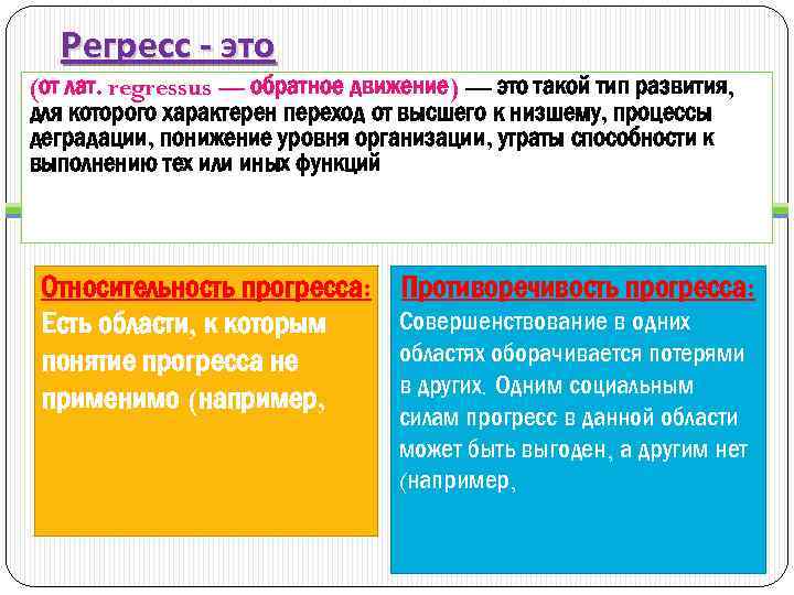Регресс - это (от лат. regressus — обратное движение) — это такой тип развития,