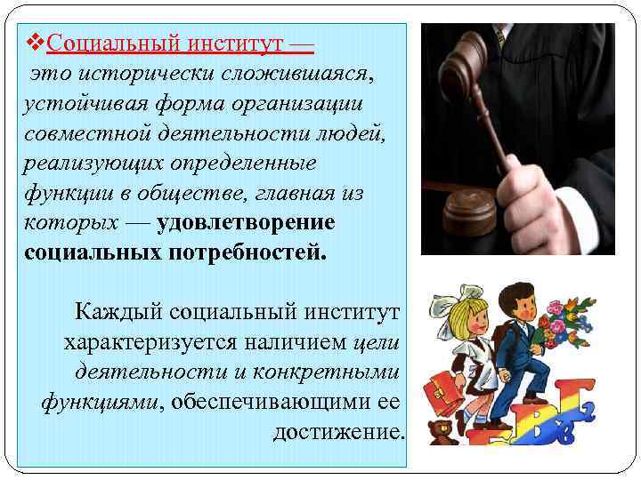 v. Социальный институт — это исторически сложившаяся, устойчивая форма организации совместной деятельности людей, реализующих