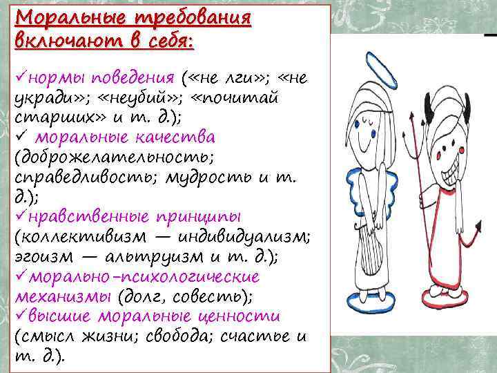 Моральные требования включают в себя: üнормы поведения ( «не лги» ; «не укради» ;