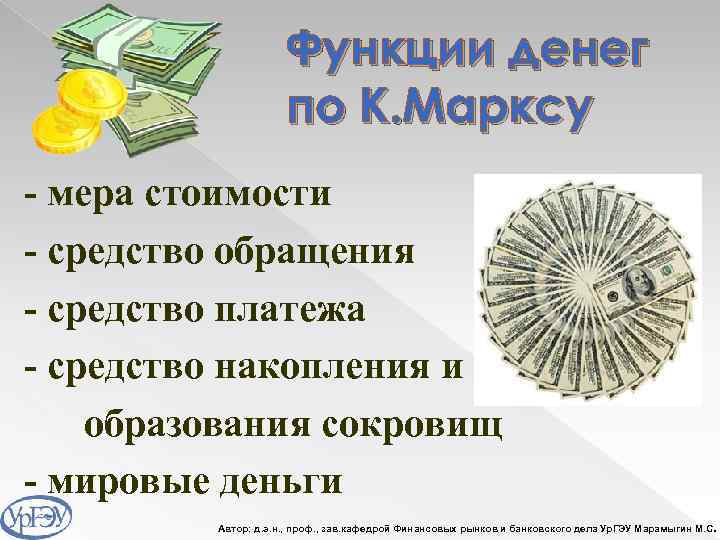 Функции денег по К. Марксу - мера стоимости - средство обращения - средство платежа
