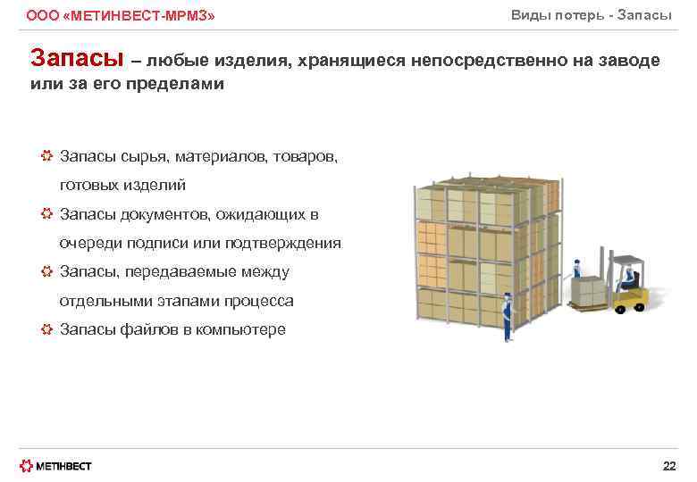 ООО «МЕТИНВЕСТ-МРМЗ» Виды потерь - Запасы – любые изделия, хранящиеся непосредственно на заводе или