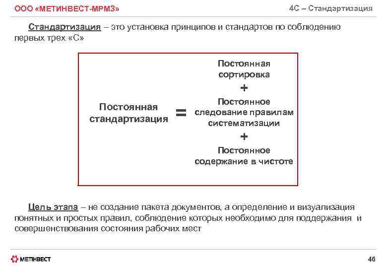 4 С – Стандартизация ООО «МЕТИНВЕСТ-МРМЗ» Стандартизация – это установка принципов и стандартов по