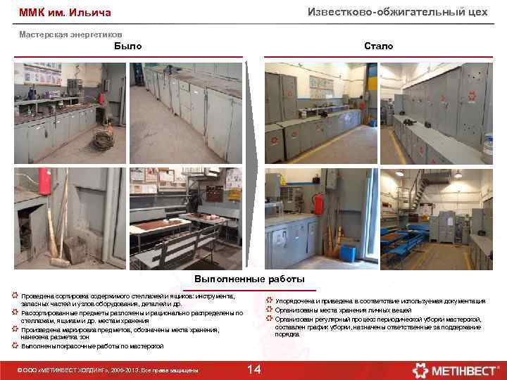 Известково-обжигательный цех ММК им. Ильича Мастерская энергетиков Было Стало Выполненные работы Проведена сортировка содержимого