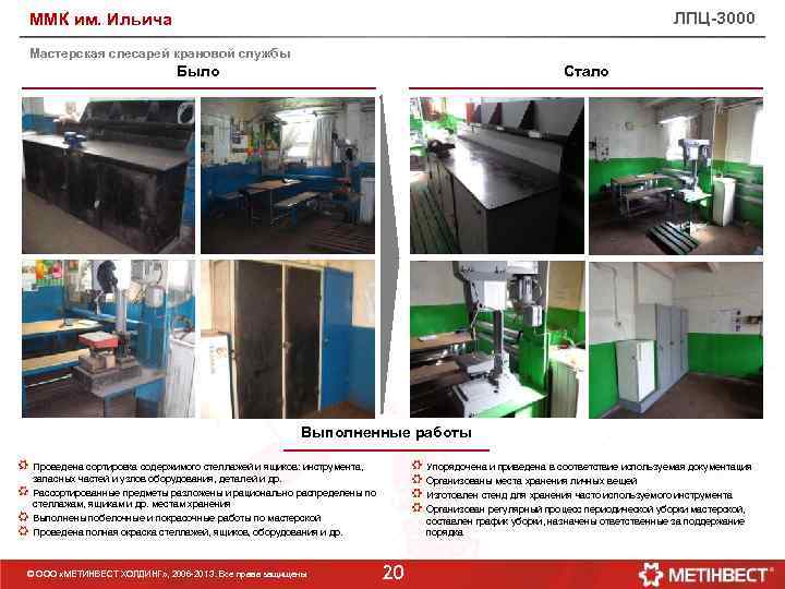 ЛПЦ-3000 ММК им. Ильича Мастерская слесарей крановой службы Было Стало Выполненные работы Упорядочена и