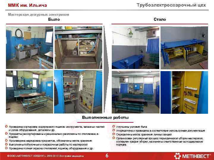 Трубоэлектросварочный цех ММК им. Ильича Мастерская дежурных электриков Было Стало Выполненные работы Проведена сортировка