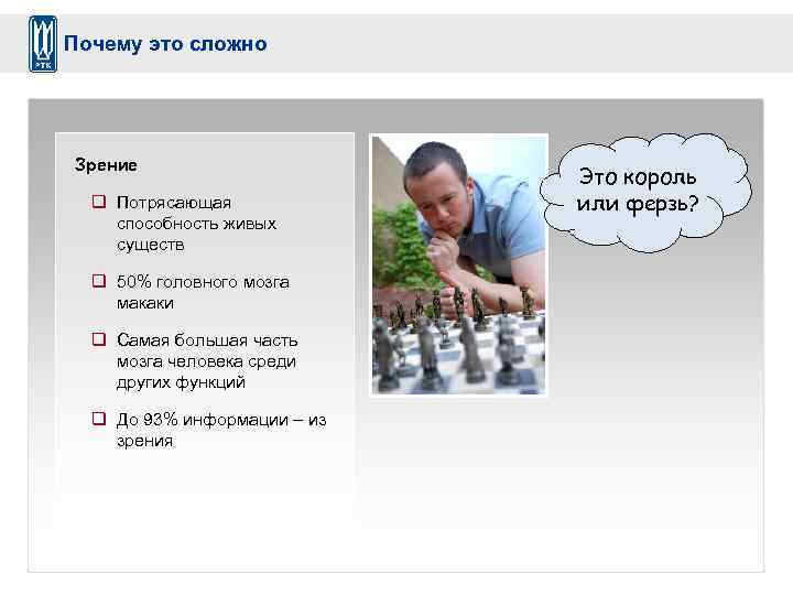 Почему это сложно Зрение q Потрясающая способность живых существ q 50% головного мозга макаки