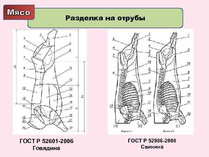 Мясо Разделка на отрубы ГОСТ Р 52601 -2006 Говядина ГОСТ Р 52986 -2008 Свинина