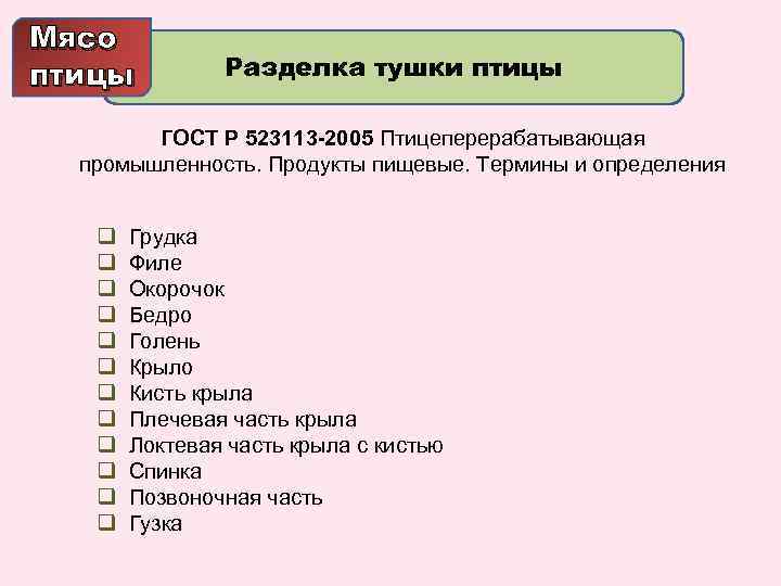 Мясо птицы Разделка тушки птицы ГОСТ Р 523113 -2005 Птицеперерабатывающая промышленность. Продукты пищевые. Термины