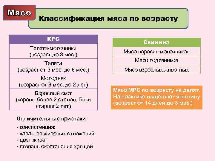 Мясо Классификация мяса по возрасту КРС Телята-молочники (возраст до 3 мес. ) Телята (возраст