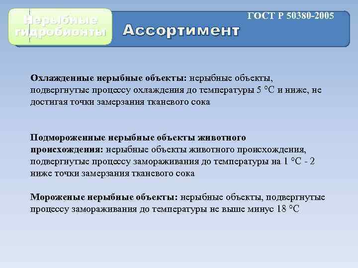 Нерыбные гидробионты Ассортимент ГОСТ Р 50380 -2005 Охлажденные нерыбные объекты: нерыбные объекты, подвергнутые процессу