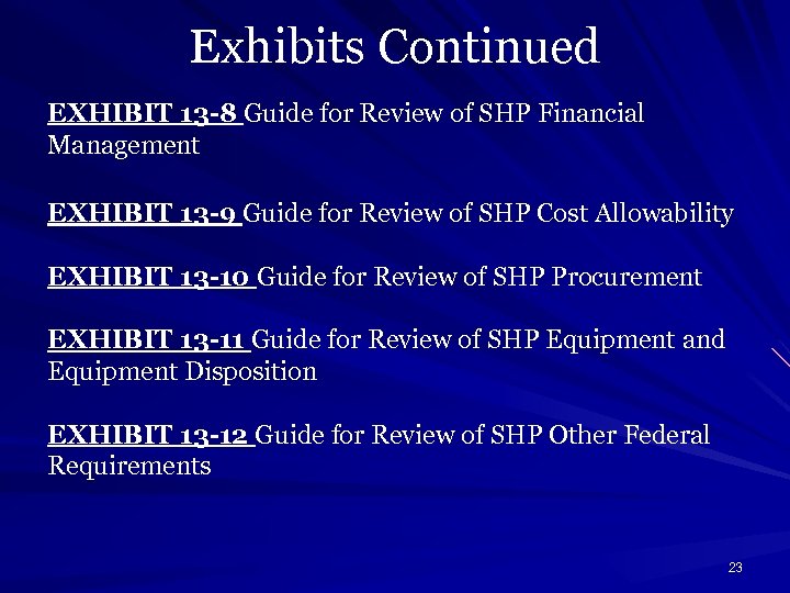 Exhibits Continued EXHIBIT 13 -8 Guide for Review of SHP Financial Management EXHIBIT 13