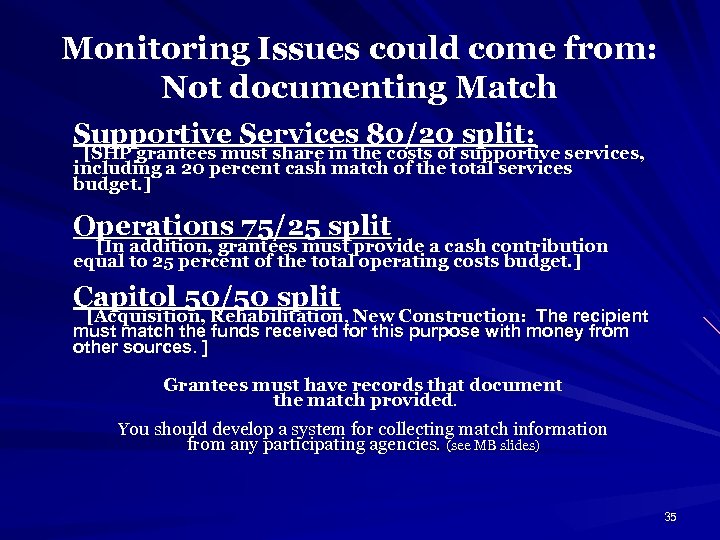 Monitoring Issues could come from: Not documenting Match Supportive Services 80/20 split: [SHP grantees