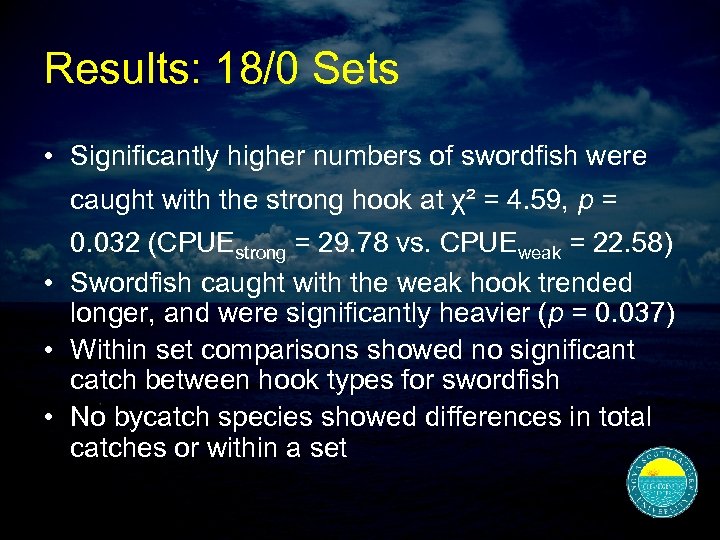 Results: 18/0 Sets • Significantly higher numbers of swordfish were caught with the strong