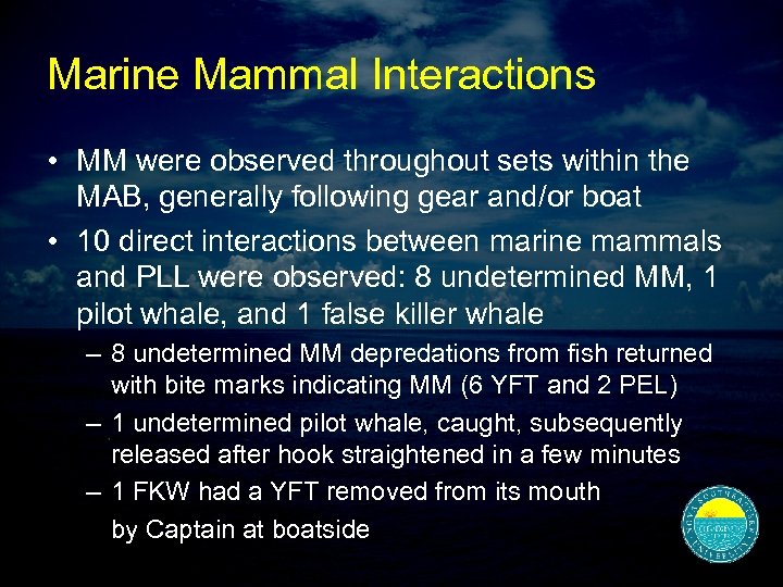 Marine Mammal Interactions • MM were observed throughout sets within the MAB, generally following