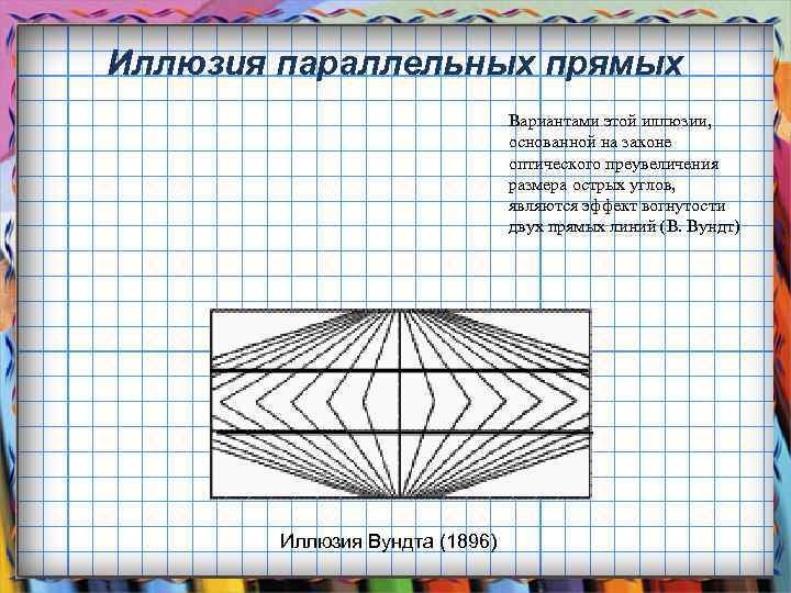 Иллюзия параллельных прямых Вариантами этой иллюзии, основанной на законе оптического преувеличения размера острых углов,