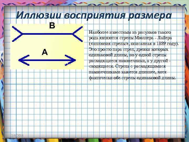 Иллюзии восприятия размера B A А Наиболее известным из рисунков такого рода являются стрелы