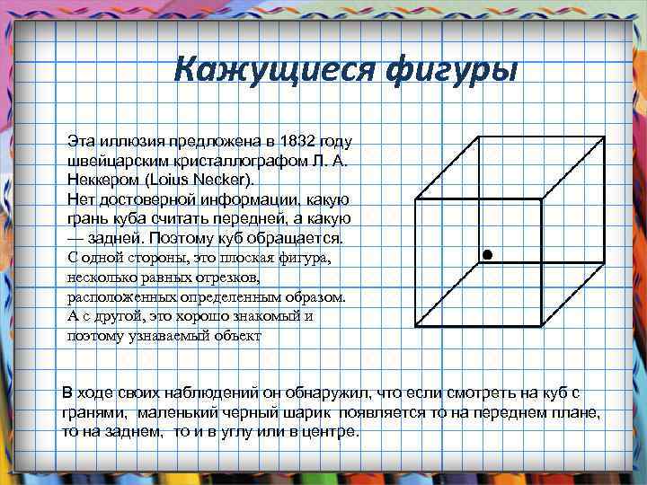 Кажущиеся фигуры Эта иллюзия предложена в 1832 году швейцарским кристаллографом Л. А. Неккером (Loius