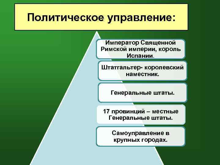 Политическое управление: Император Священной Римской империи, король Испании. Штатгальтер- королевский наместник. Генеральные штаты. 17