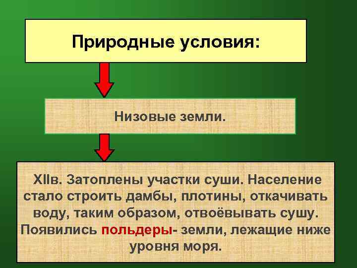 Природные условия: Низовые земли. XIIв. Затоплены участки суши. Население стало строить дамбы, плотины, откачивать