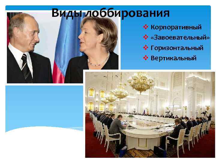 Виды лоббирования v Корпоративный v «Завоевательный» v Горизонтальный v Вертикальный 