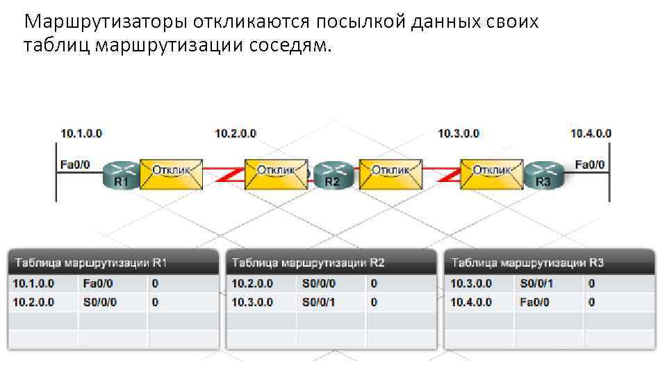 Маршрутизаторы откликаются посылкой данных своих таблиц маршрутизации соседям. 