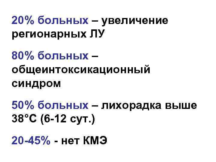 20% больных – увеличение регионарных ЛУ 80% больных – общеинтоксикационный синдром 50% больных –