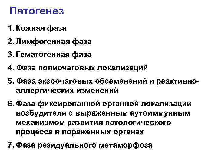 Патогенез 1. Кожная фаза 2. Лимфогенная фаза 3. Гематогенная фаза 4. Фаза полиочаговых локализаций