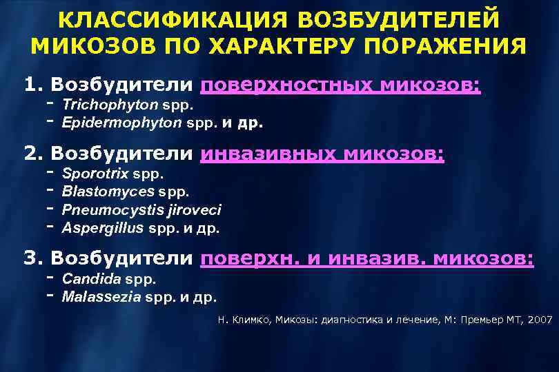 КЛАССИФИКАЦИЯ ВОЗБУДИТЕЛЕЙ МИКОЗОВ ПО ХАРАКТЕРУ ПОРАЖЕНИЯ 1. Возбудители поверхностных микозов: - Trichophyton spp. -