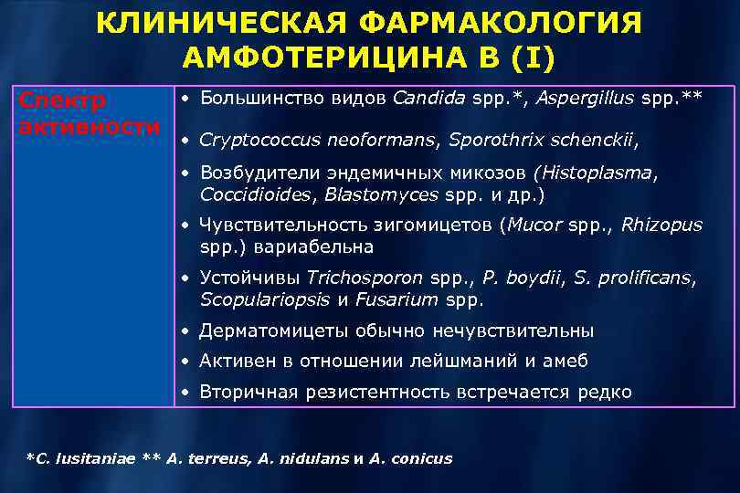 КЛИНИЧЕСКАЯ ФАРМАКОЛОГИЯ АМФОТЕРИЦИНА В (I) • Большинство видов Candida spp. *, Aspergillus spp. **