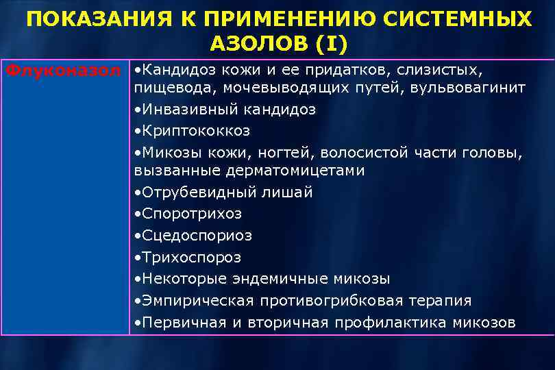 ПОКАЗАНИЯ К ПРИМЕНЕНИЮ СИСТЕМНЫХ АЗОЛОВ (I) Флуконазол • Кандидоз кожи и ее придатков, слизистых,