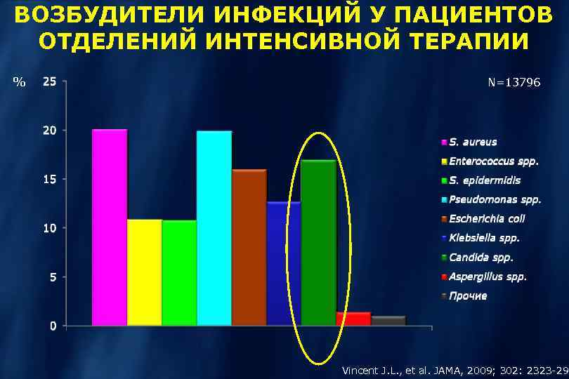 ВОЗБУДИТЕЛИ ИНФЕКЦИЙ У ПАЦИЕНТОВ ОТДЕЛЕНИЙ ИНТЕНСИВНОЙ ТЕРАПИИ % N=13796 Vincent J. L. , et