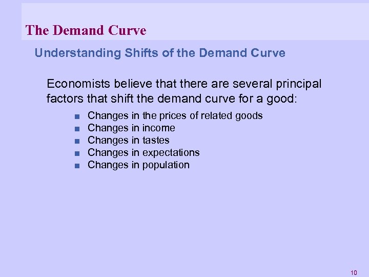 The Demand Curve Understanding Shifts of the Demand Curve Economists believe that there are