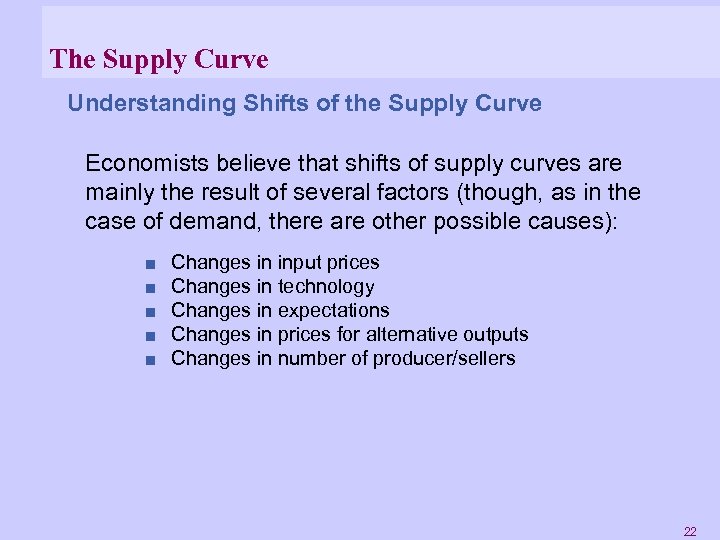 The Supply Curve Understanding Shifts of the Supply Curve Economists believe that shifts of