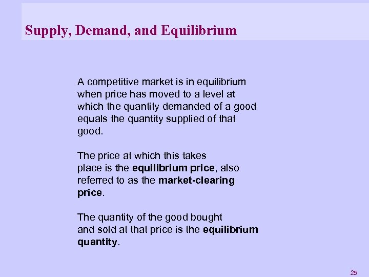 Supply, Demand, and Equilibrium A competitive market is in equilibrium when price has moved