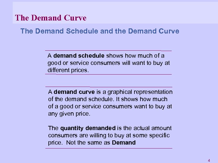 The Demand Curve The Demand Schedule and the Demand Curve A demand schedule shows