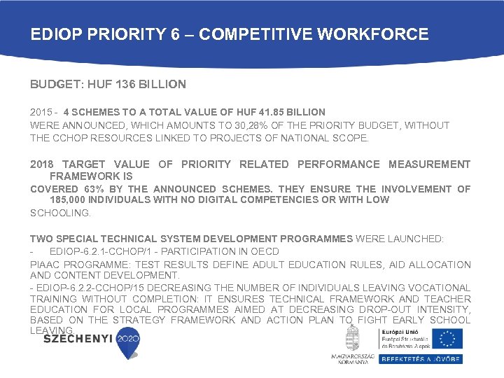 EDIOP PRIORITY 6 – COMPETITIVE WORKFORCE BUDGET: HUF 136 BILLION 2015 - 4 SCHEMES