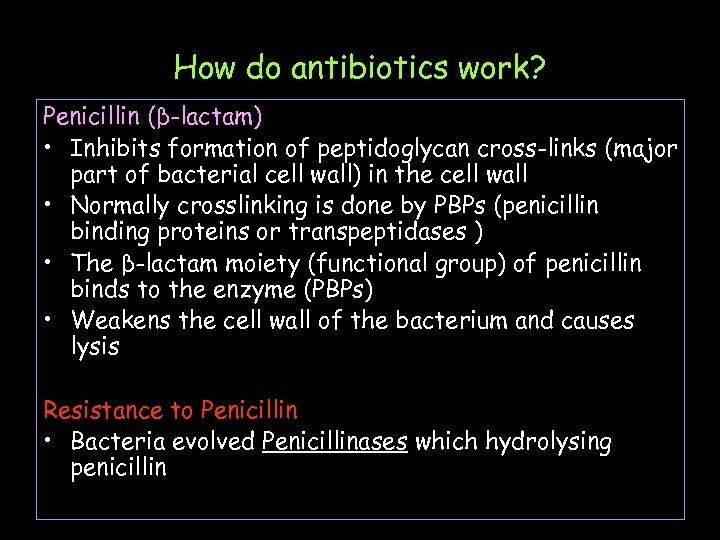 How do antibiotics work? Penicillin (β-lactam) • Inhibits formation of peptidoglycan cross-links (major part