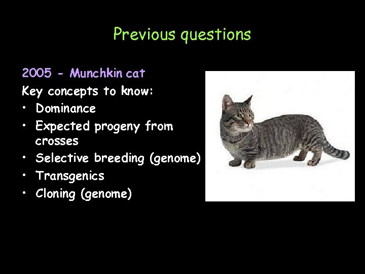 Previous questions 2005 - Munchkin cat Key concepts to know: • Dominance • Expected